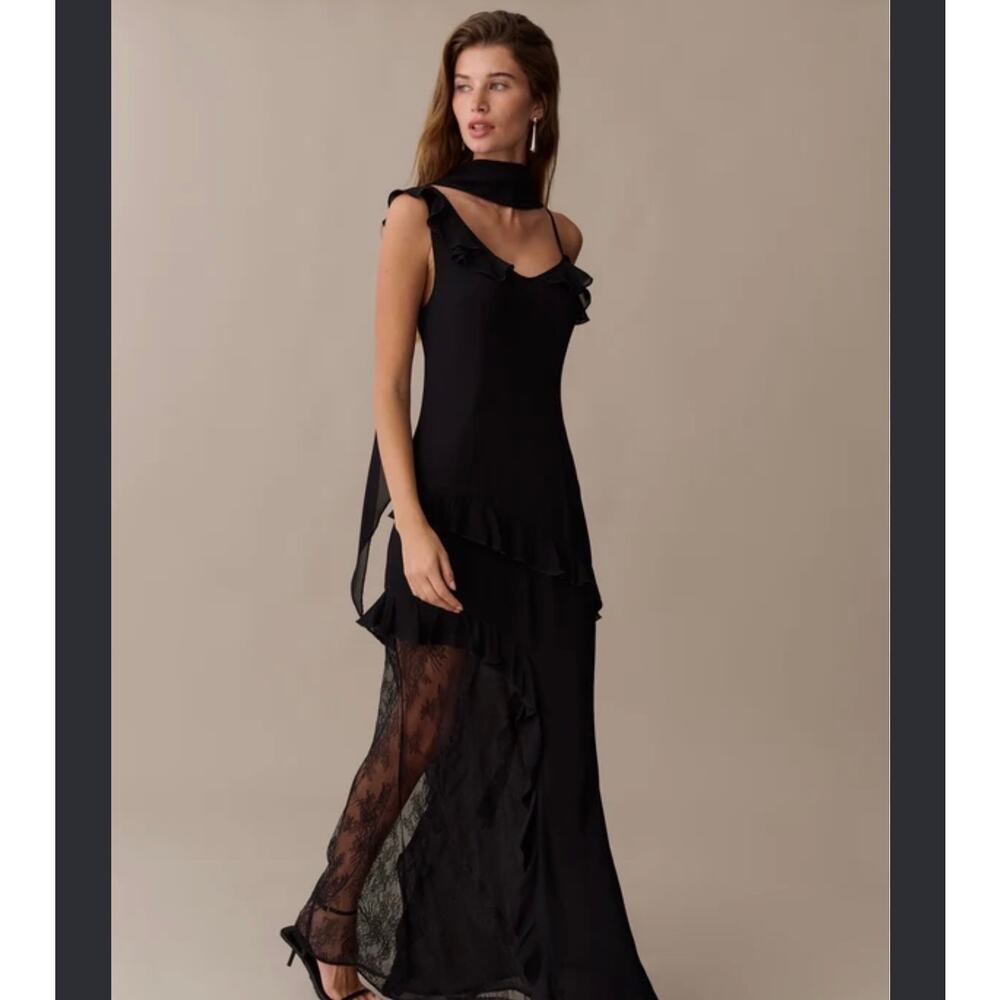 New O.P.T Carmen  black lace ruffle gown Dress $247 size 6 - Picture 2 of 6